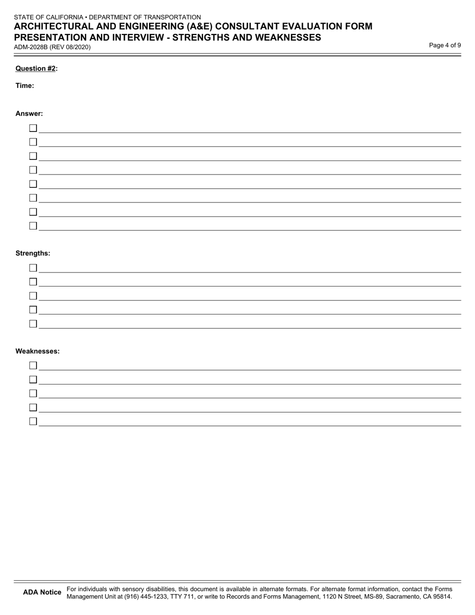 Form ADM-2028B Architectural and Engineering (Ae) Consultant Evaluation Form Presentation and Intervie - Strengths and Weaknesses - California, Page 4