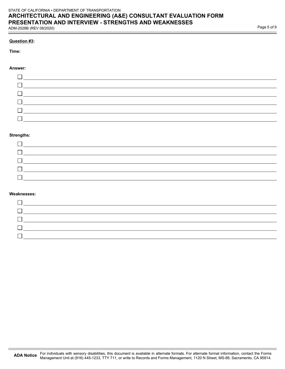 Form ADM-2028B Architectural and Engineering (Ae) Consultant Evaluation Form Presentation and Intervie - Strengths and Weaknesses - California, Page 5