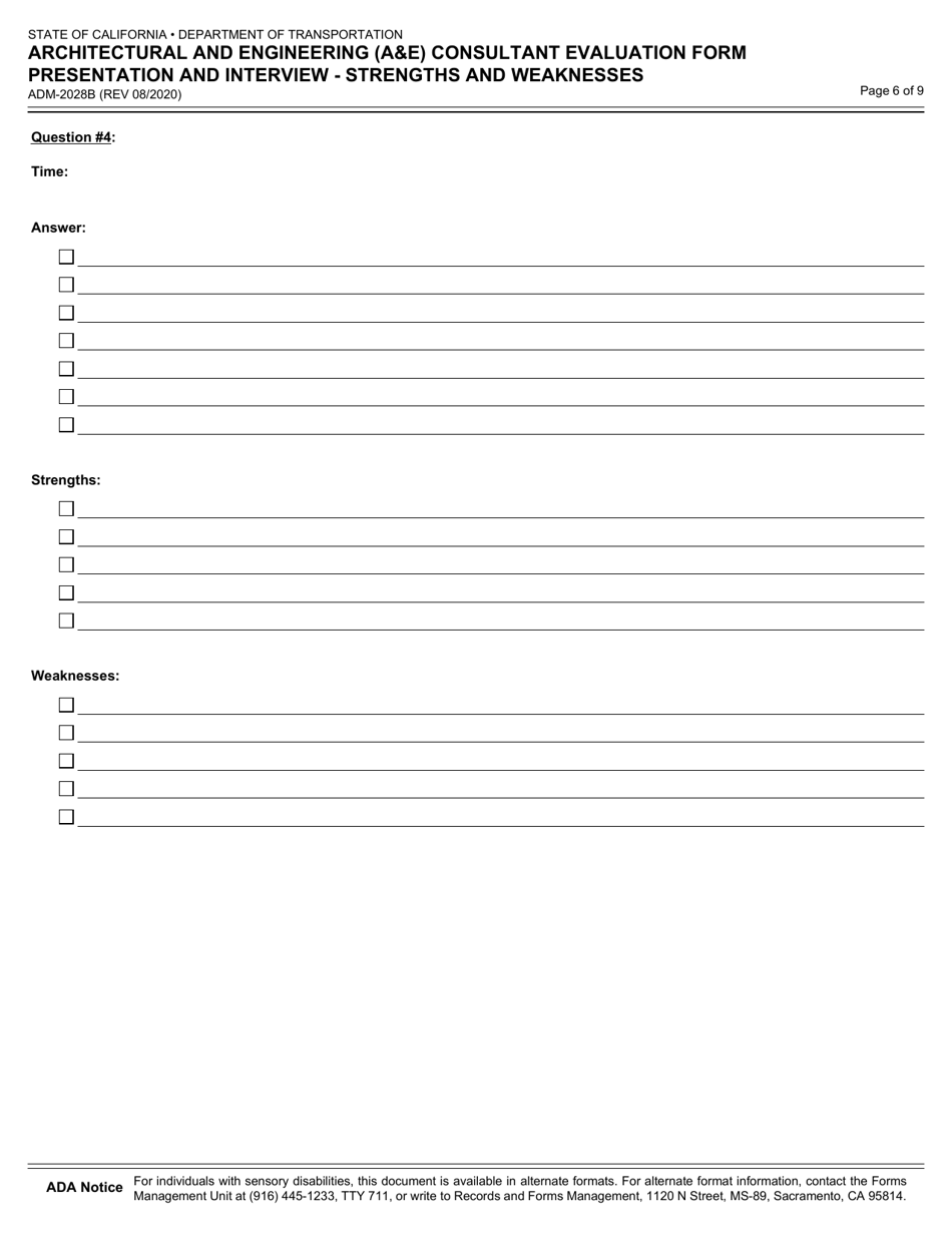 Form ADM-2028B Architectural and Engineering (Ae) Consultant Evaluation Form Presentation and Intervie - Strengths and Weaknesses - California, Page 6