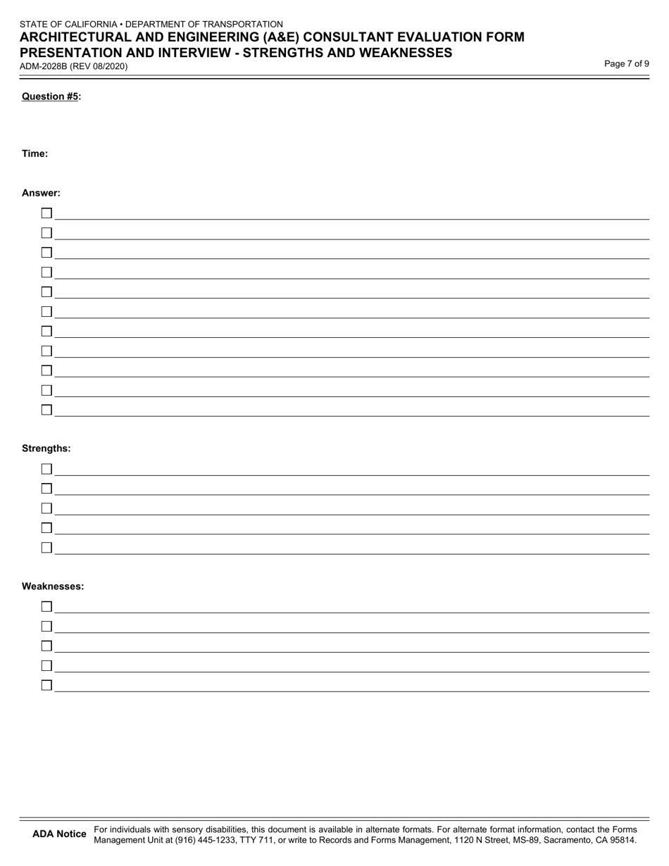 Form ADM-2028B Architectural and Engineering (Ae) Consultant Evaluation Form Presentation and Intervie - Strengths and Weaknesses - California, Page 7