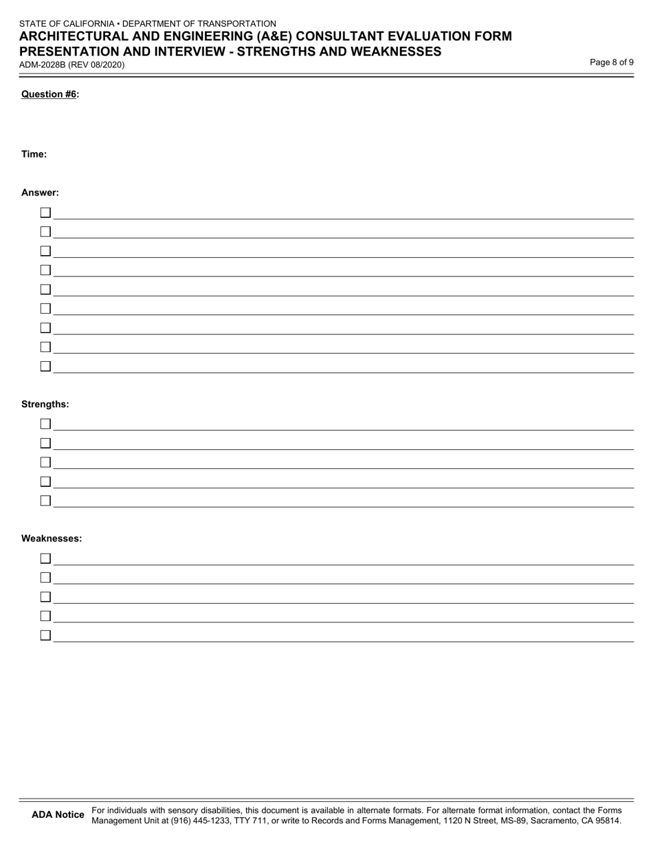 Form ADM-2028B Architectural and Engineering (Ae) Consultant Evaluation Form Presentation and Intervie - Strengths and Weaknesses - California, Page 8