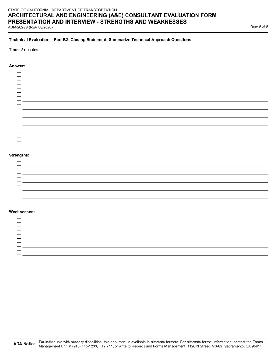 Form ADM-2028B Architectural and Engineering (Ae) Consultant Evaluation Form Presentation and Intervie - Strengths and Weaknesses - California, Page 9
