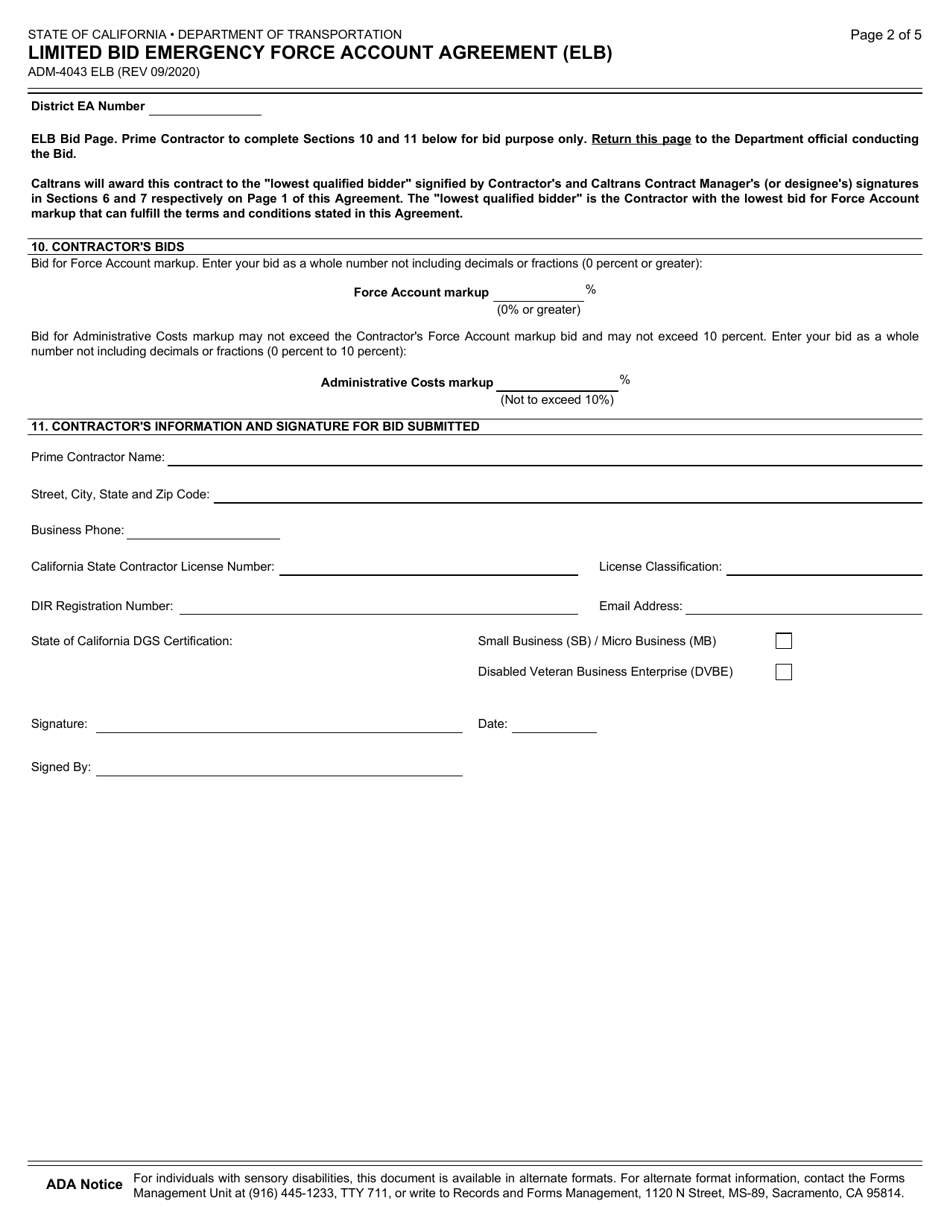 Form ADM-4043 ELB Limited Bid Emergency Force Account Agreement (Elb) - California, Page 2