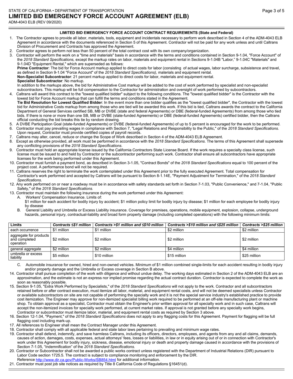 Form ADM-4043 ELB Limited Bid Emergency Force Account Agreement (Elb) - California, Page 3