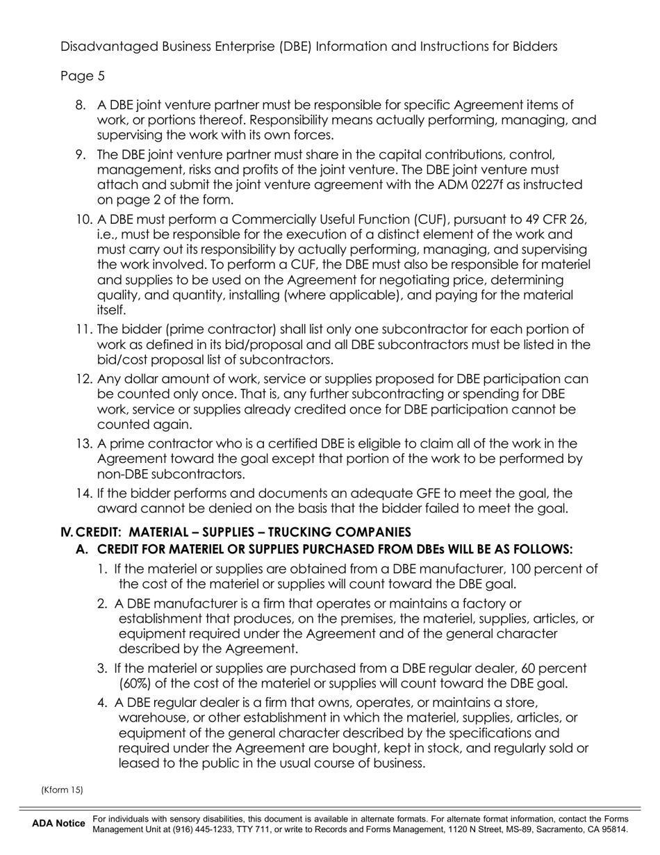 K Form 15 Disadvantaged Business Enterprise (Dbe) Information and Instructions for Bidders - California, Page 5