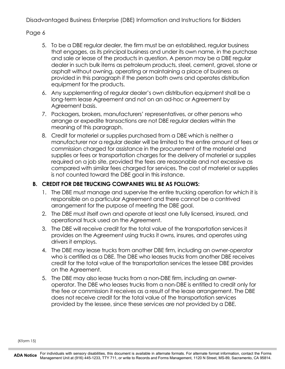 K Form 15 Disadvantaged Business Enterprise (Dbe) Information and Instructions for Bidders - California, Page 6