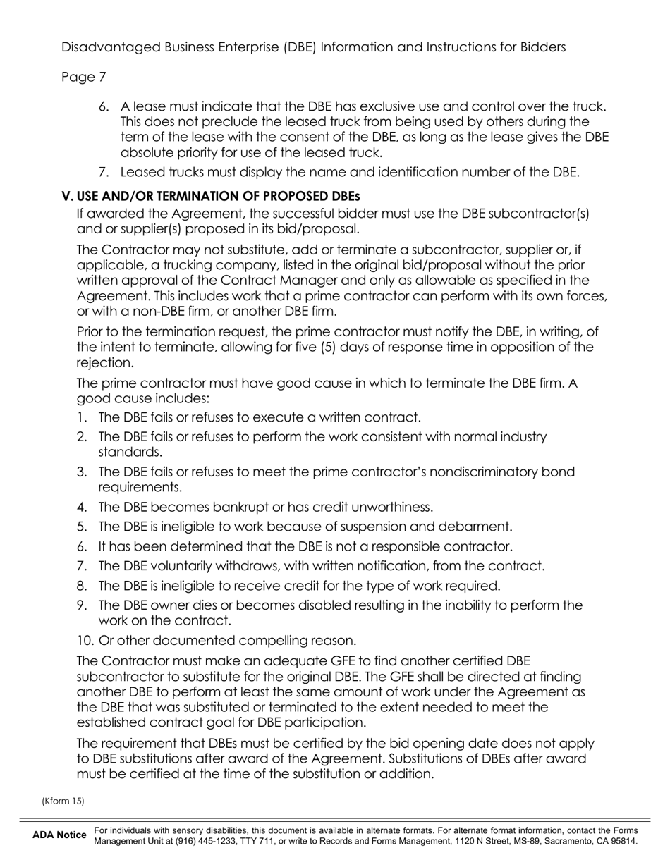 K Form 15 Disadvantaged Business Enterprise (Dbe) Information and Instructions for Bidders - California, Page 7
