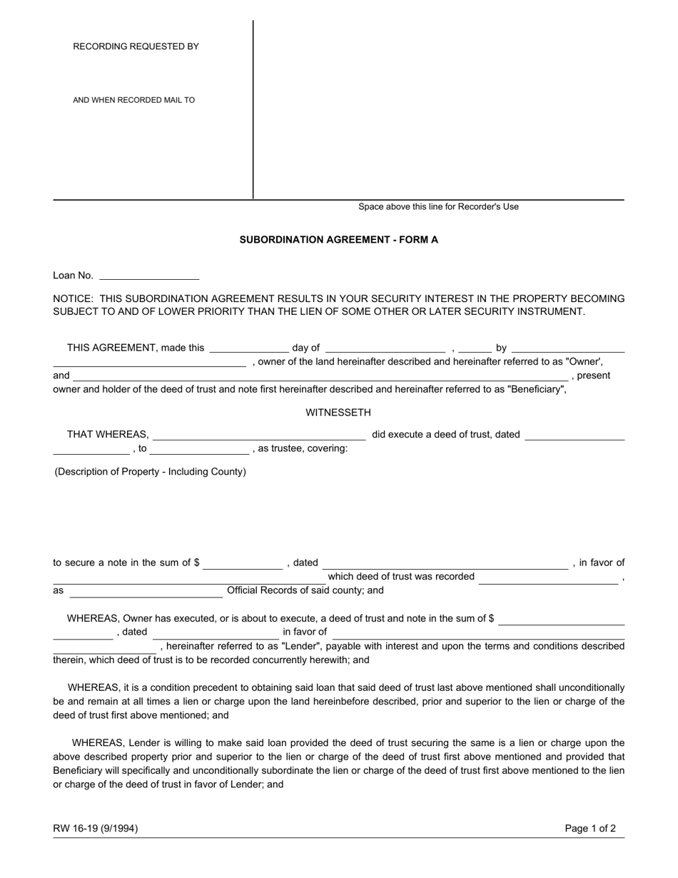 Form RW16-19 (A) Subordination Agreement - California, Page 1