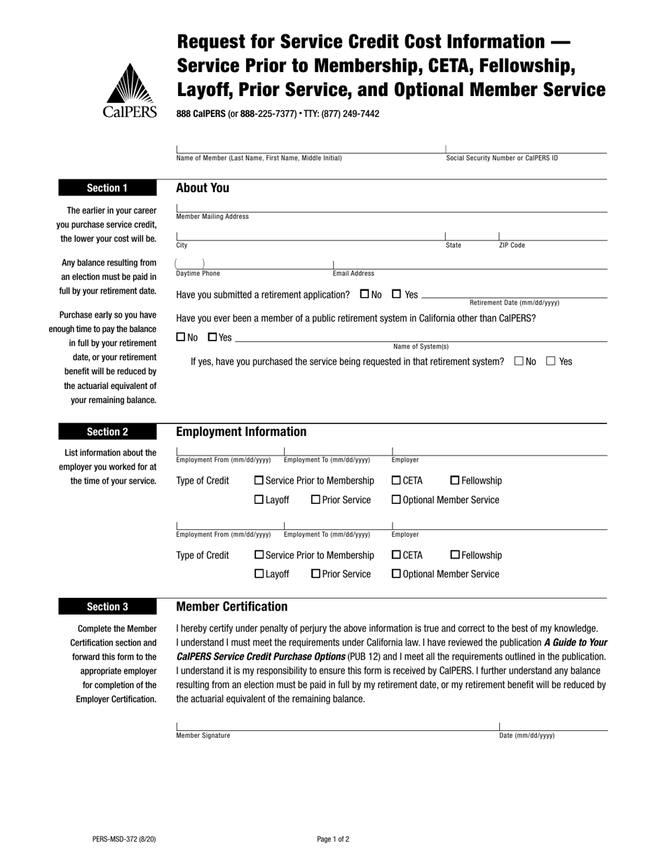 Form PERS-MSD-372 Request for Service Credit Cost Information - Service Prior to Membership, Ceta, Fellowship, Layoff, Prior Service, and Optional Member Service - California, Page 1
