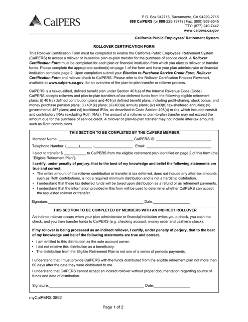 Form my|CalPERS0892 Rollover Certification Form - California