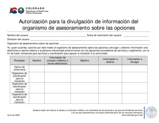 Document preview: Autorizacion Para La Divulgacion De Informacion Del Organismo De Asesoramiento Sobre Las Opciones - Colorado (Spanish)