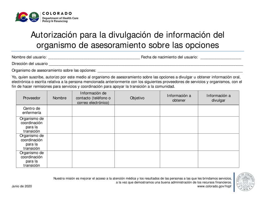 Autorizacion Para La Divulgacion De Informacion Del Organismo De Asesoramiento Sobre Las Opciones - Colorado (Spanish) Download Pdf