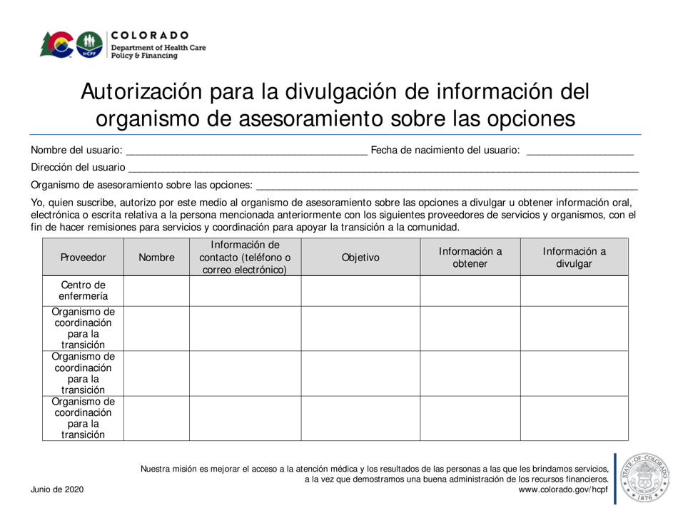 Autorizacion Para La Divulgacion De Informacion Del Organismo De Asesoramiento Sobre Las Opciones - Colorado (Spanish), Page 1