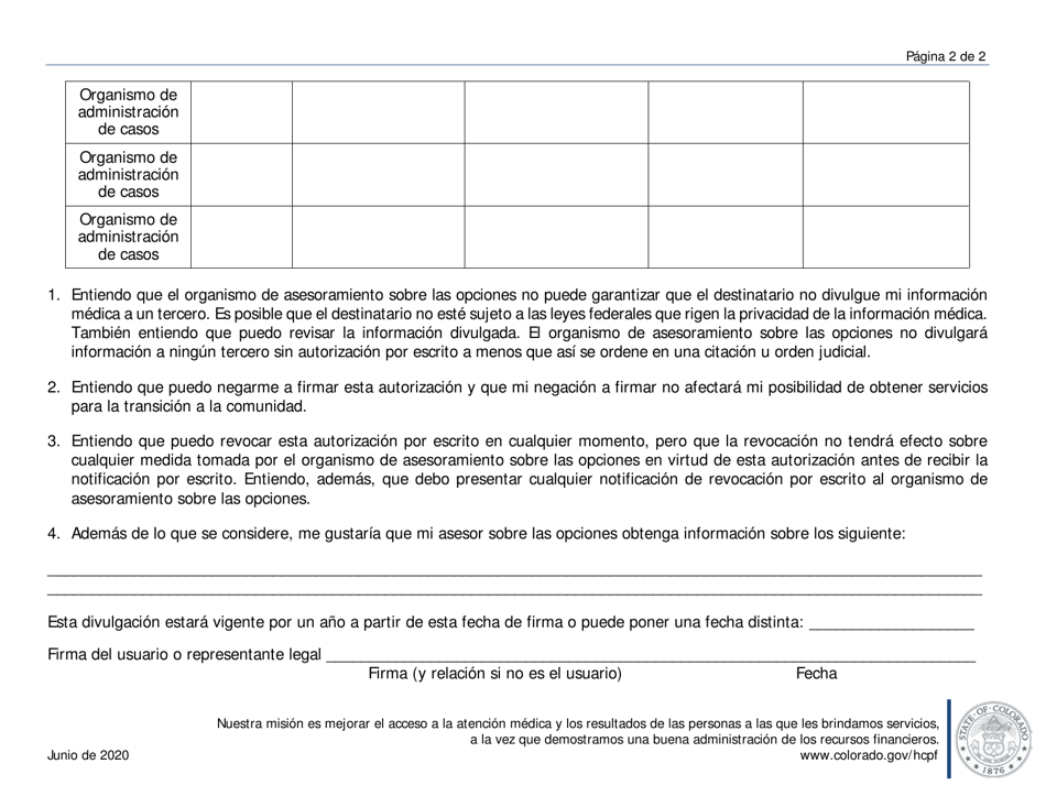 Autorizacion Para La Divulgacion De Informacion Del Organismo De Asesoramiento Sobre Las Opciones - Colorado (Spanish), Page 2