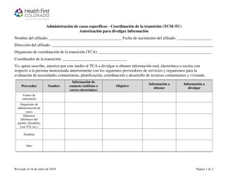 Document preview: Administracion De Casos Especificos - Coordinacion De La Transicion (Tcm-Tc) Autorizacion Para Divulgar Informacion - Colorado (Spanish)