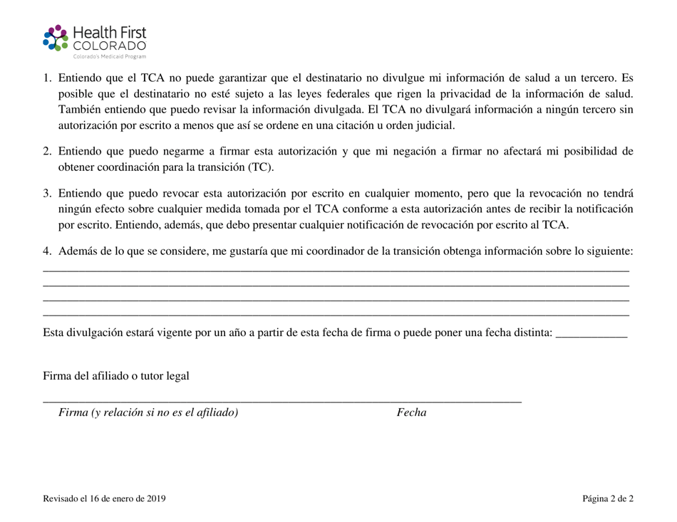 Administracion De Casos Especificos - Coordinacion De La Transicion (Tcm-Tc) Autorizacion Para Divulgar Informacion - Colorado (Spanish), Page 2