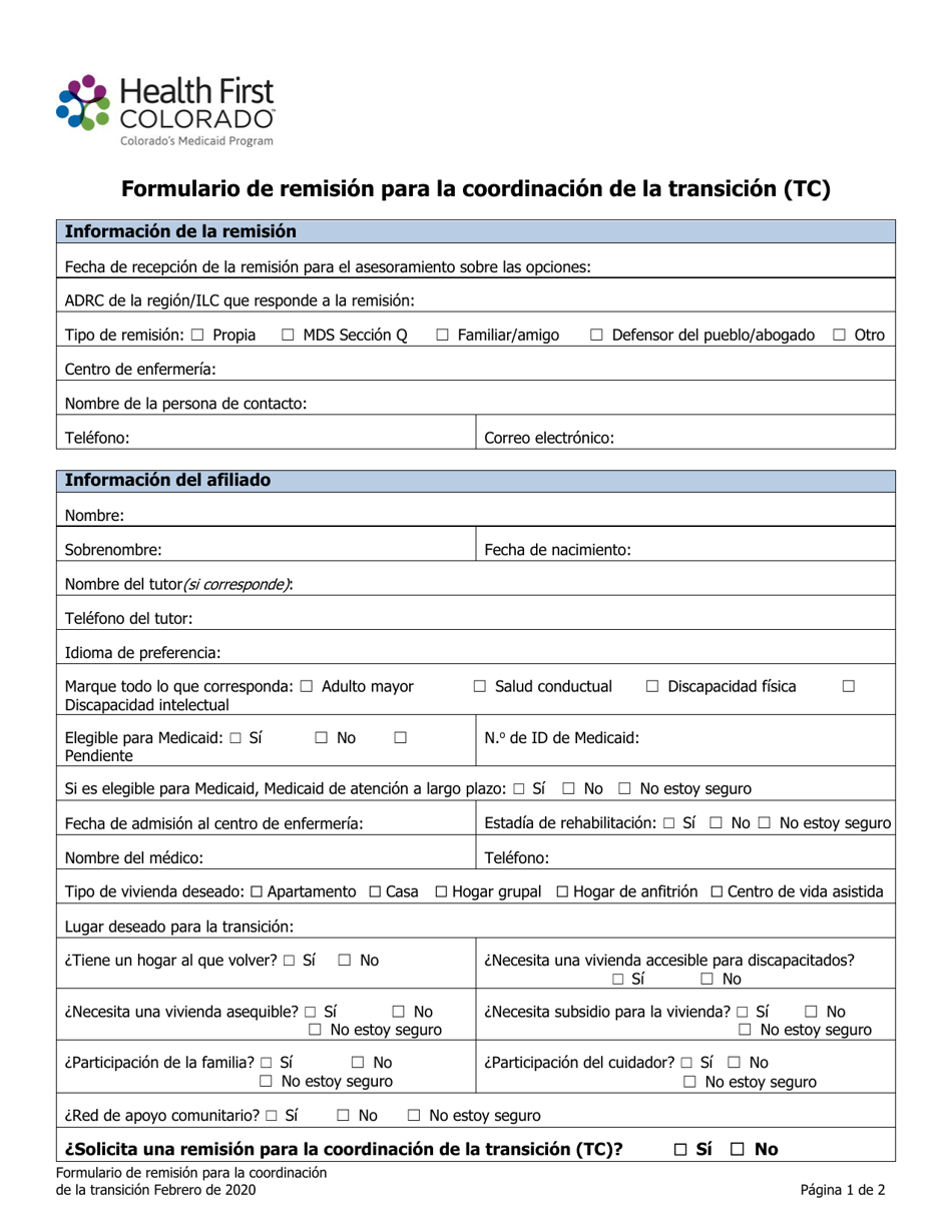 Formulario De Remision Para La Coordinacion De La Transicion (Tc) - Colorado (Spanish), Page 1