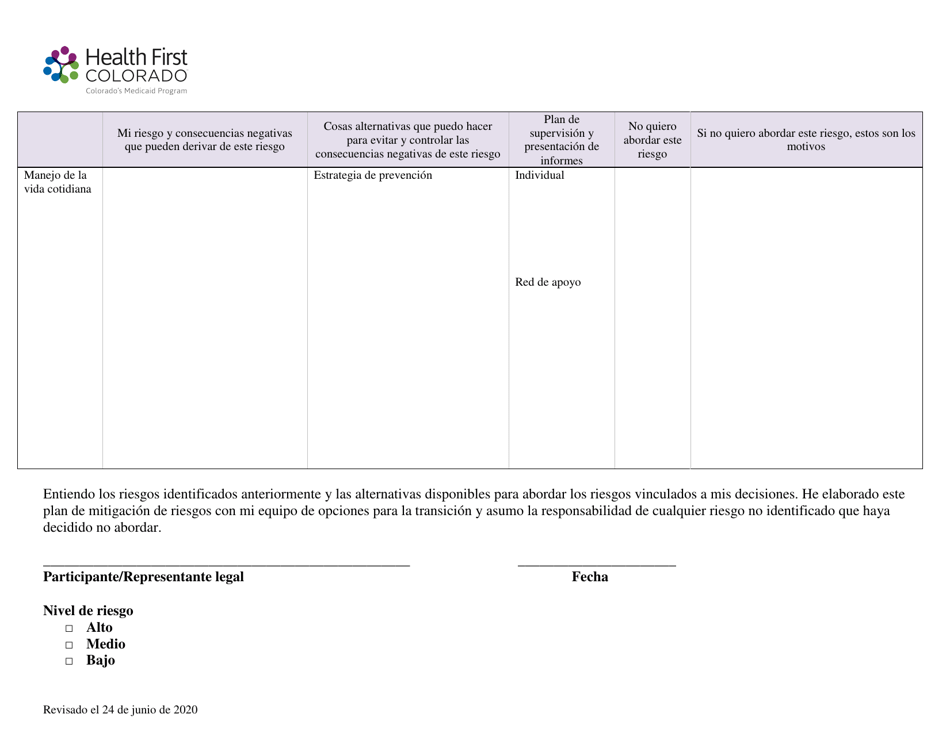 Coordinacion De La Transicion (Tcm-Tc) Plan De Mitigacion De Riesgos De La Transicion a La Comunidad / Aceptacion De Riesgos Del Participante - Colorado (Spanish), Page 3