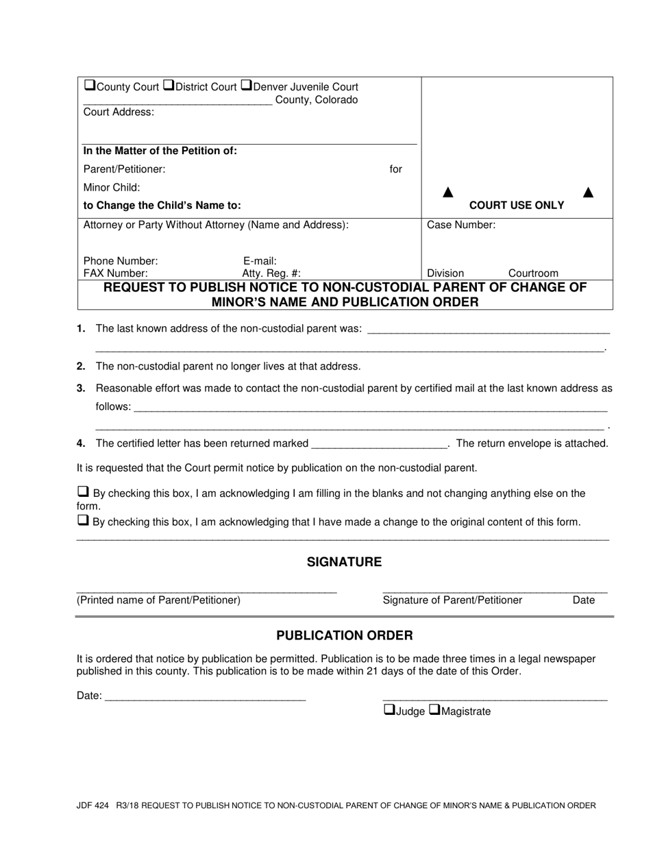 Form JDF424 Request to Publish Notice to Non-custodial Parent of Change of Minors Name and Publication Order - Colorado, Page 1