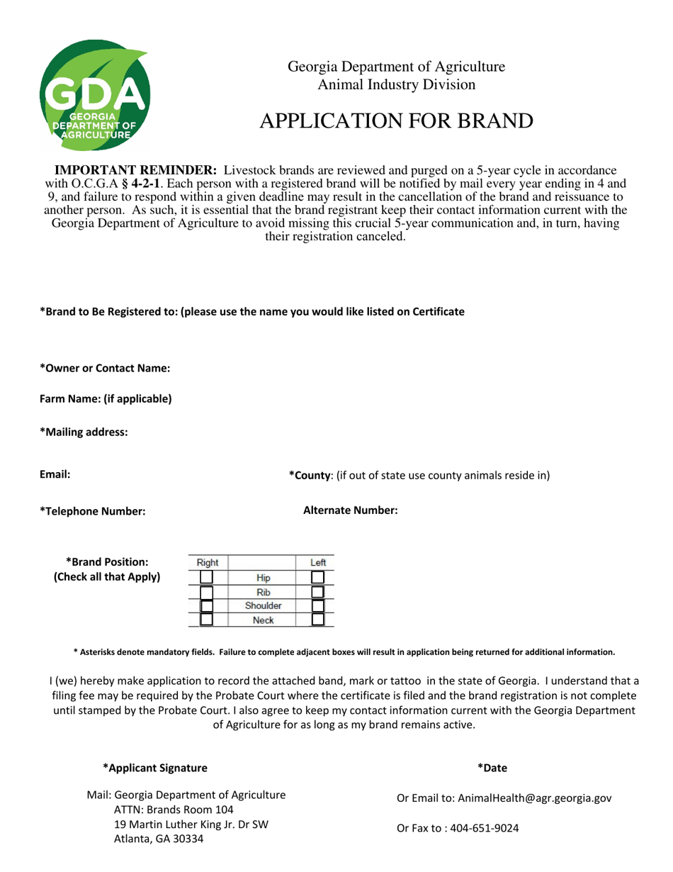 Cattle / Equine Brand Application - Georgia (United States), Page 1