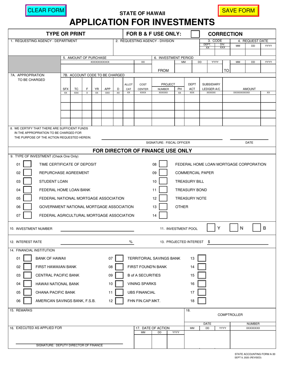 State Accounting Form A-30 Application for Investments - Hawaii, Page 1