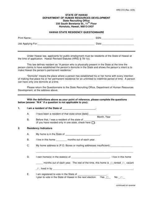 Form HRD319 Hawaii State Residency Questionnaire - Hawaii