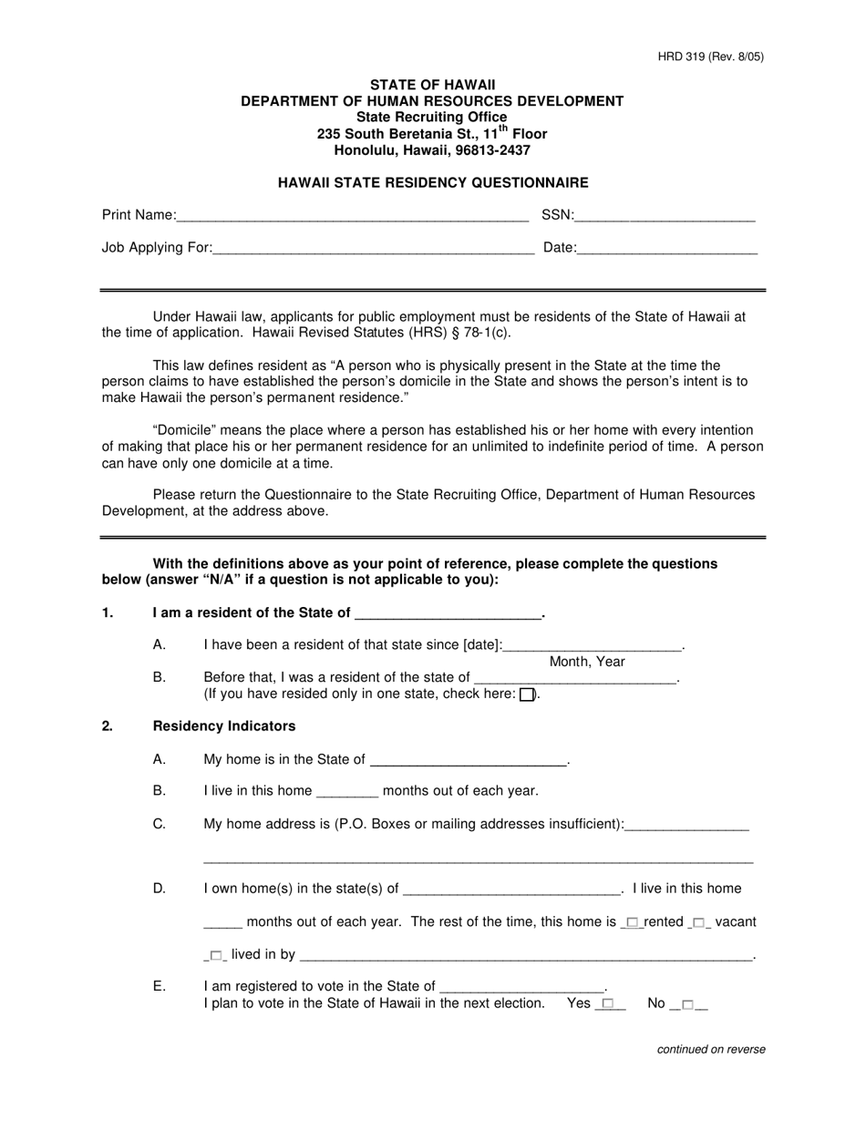 Form HRD319 Hawaii State Residency Questionnaire - Hawaii, Page 1