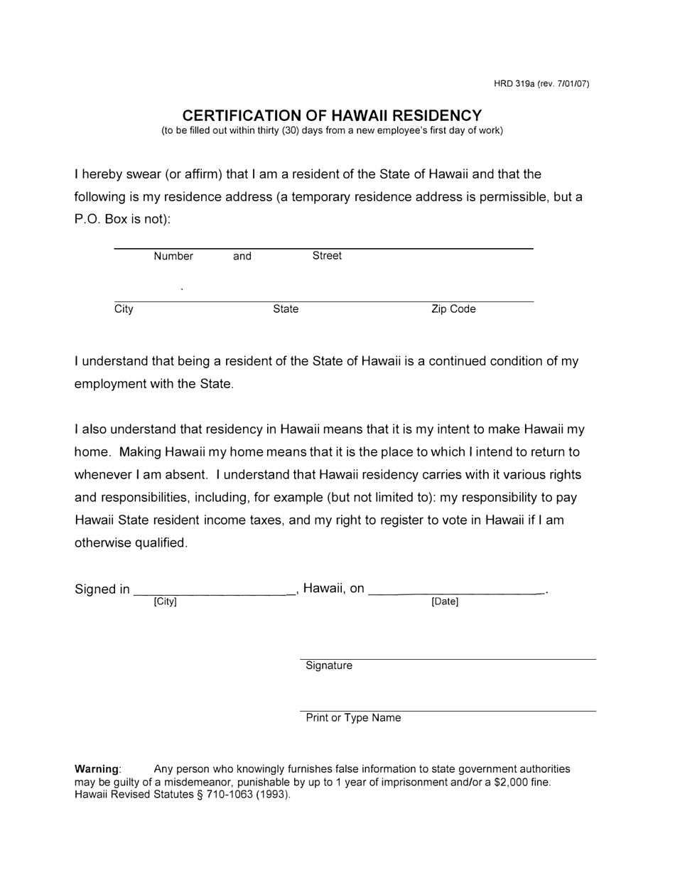 Form HRD319A Certification of Hawaii Residency - Hawaii, Page 1