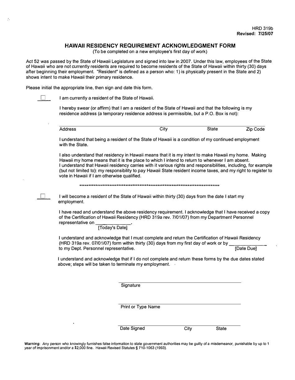 Form HRD319B Hawaii Residency Requirement Acknowledgment Form - Hawaii, Page 1