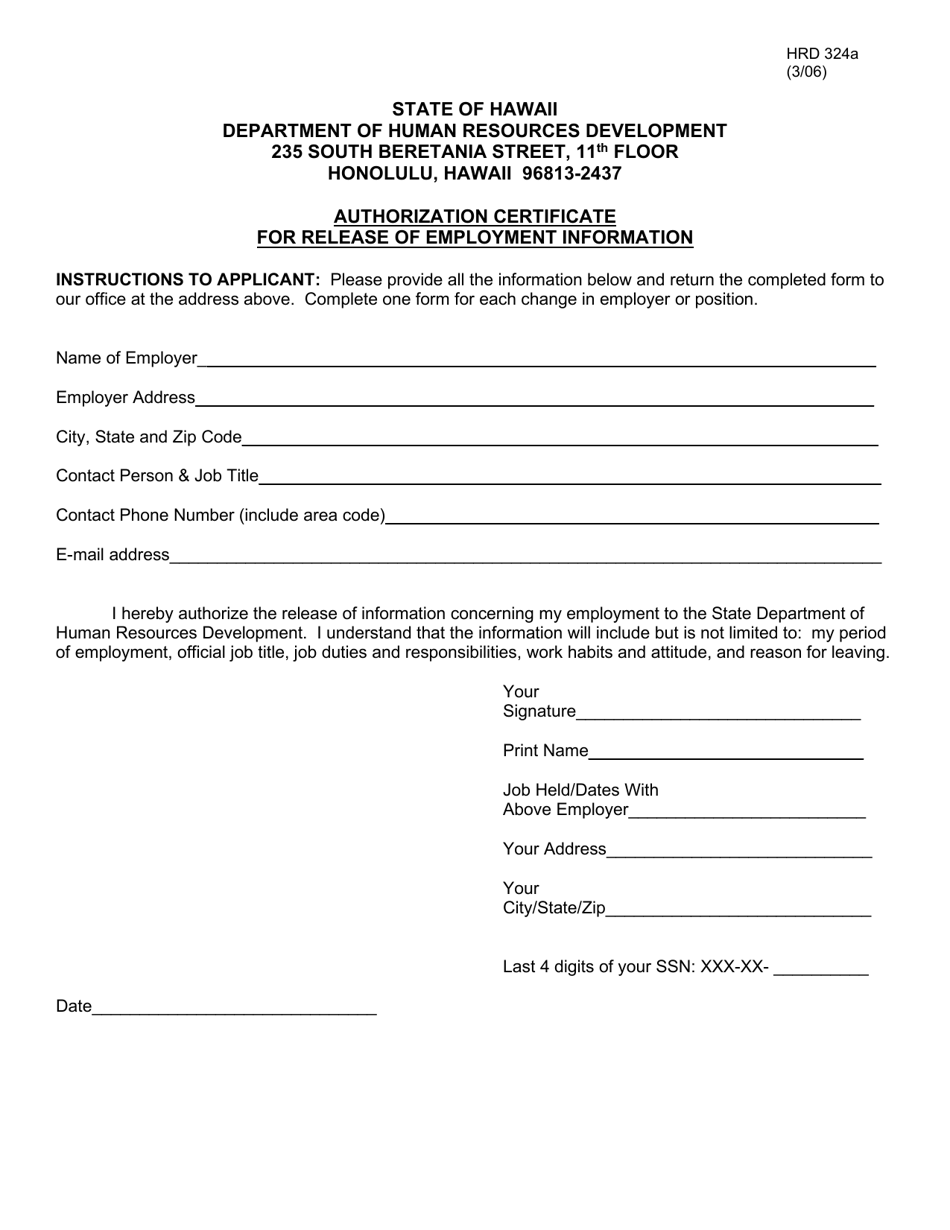 Form HRD324A Authorization Certificate for Release of Employment Information - Hawaii, Page 1