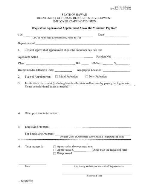 Form HRD395A Request for Approval of Appointment Above the Minimum Pay Rate - Hawaii