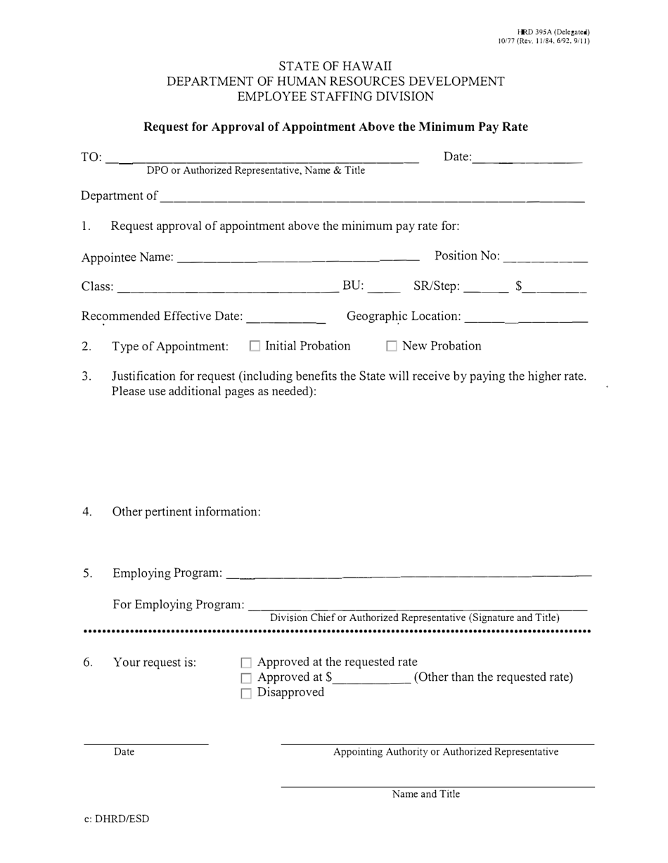 Form HRD395A Request for Approval of Appointment Above the Minimum Pay Rate - Hawaii, Page 1