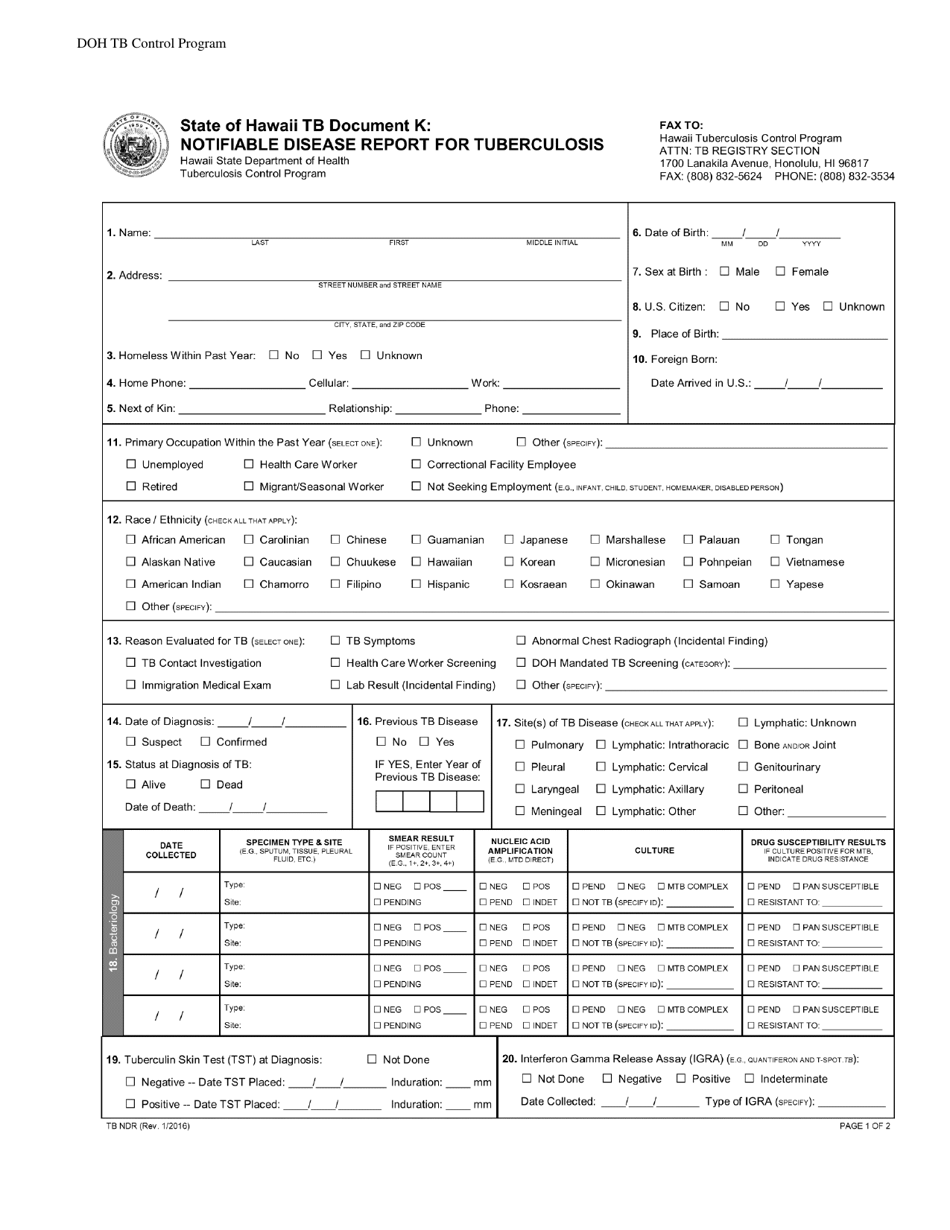 Form TB NDR Notifiable Disease Report for Tuberculosis - Hawaii, Page 1