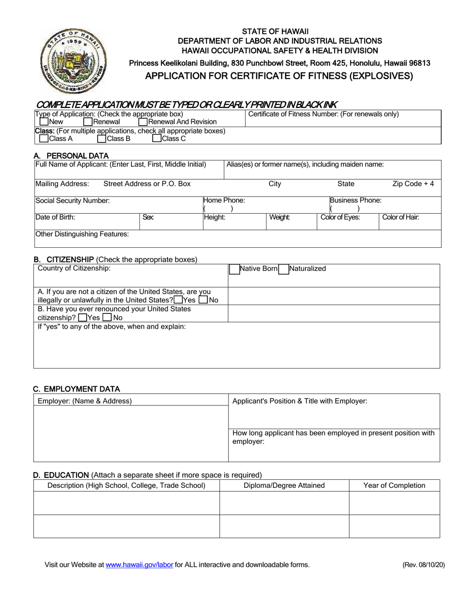 Hawaii Application for Certificate of Fitness (Explosives) Download ...