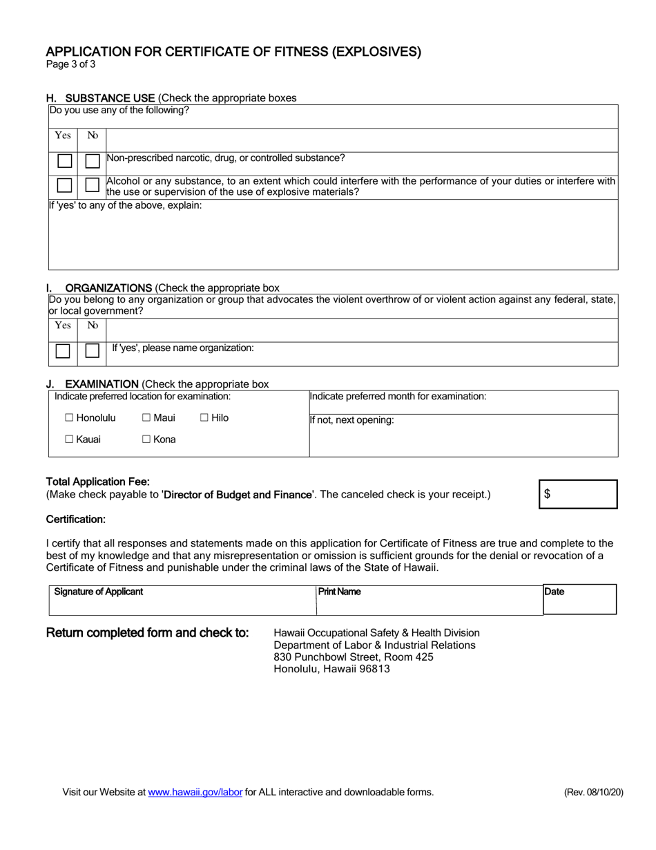 Hawaii Application for Certificate of Fitness (Explosives) Download ...