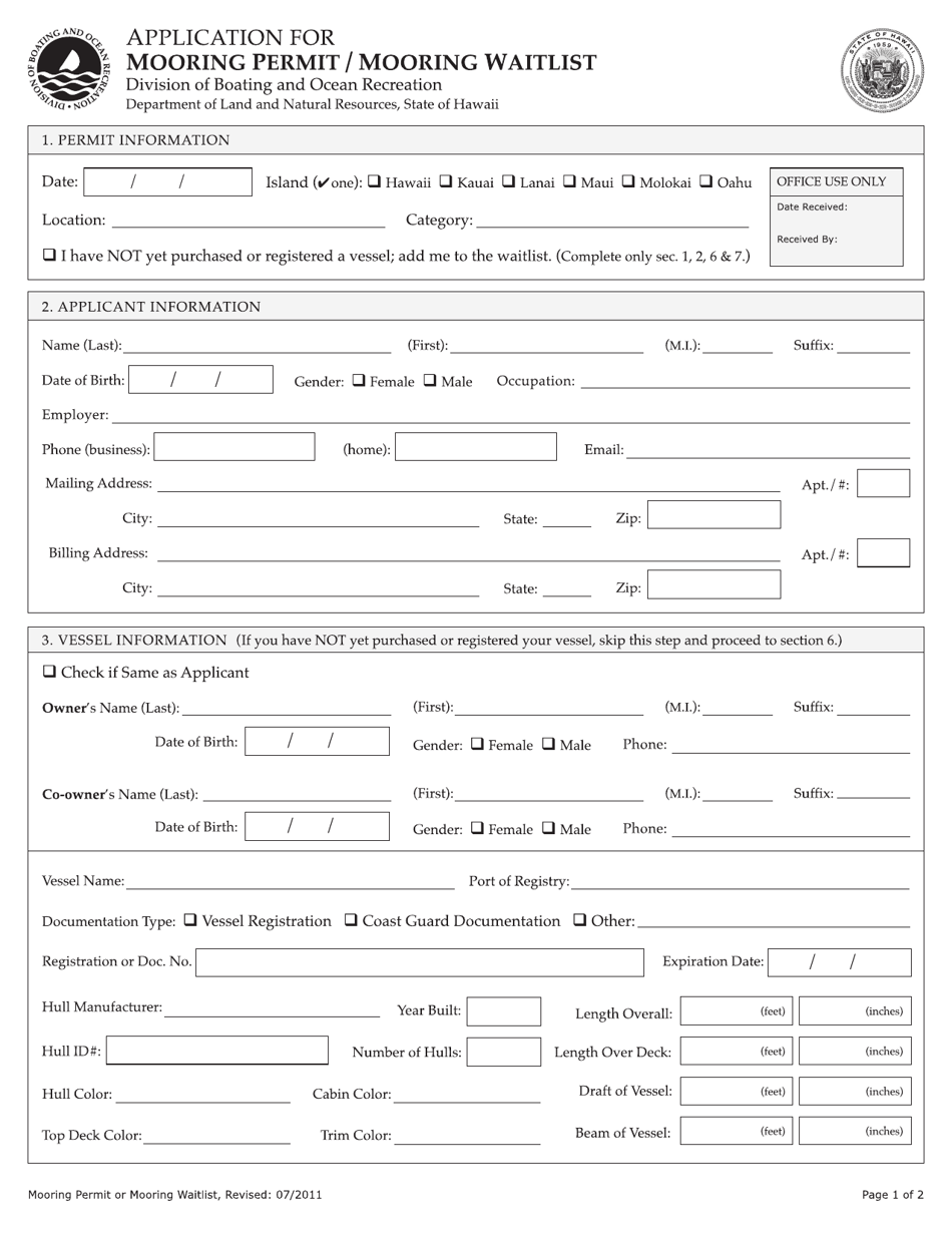 Application for Mooring Permit / Mooring Waitlist - Hawaii, Page 1