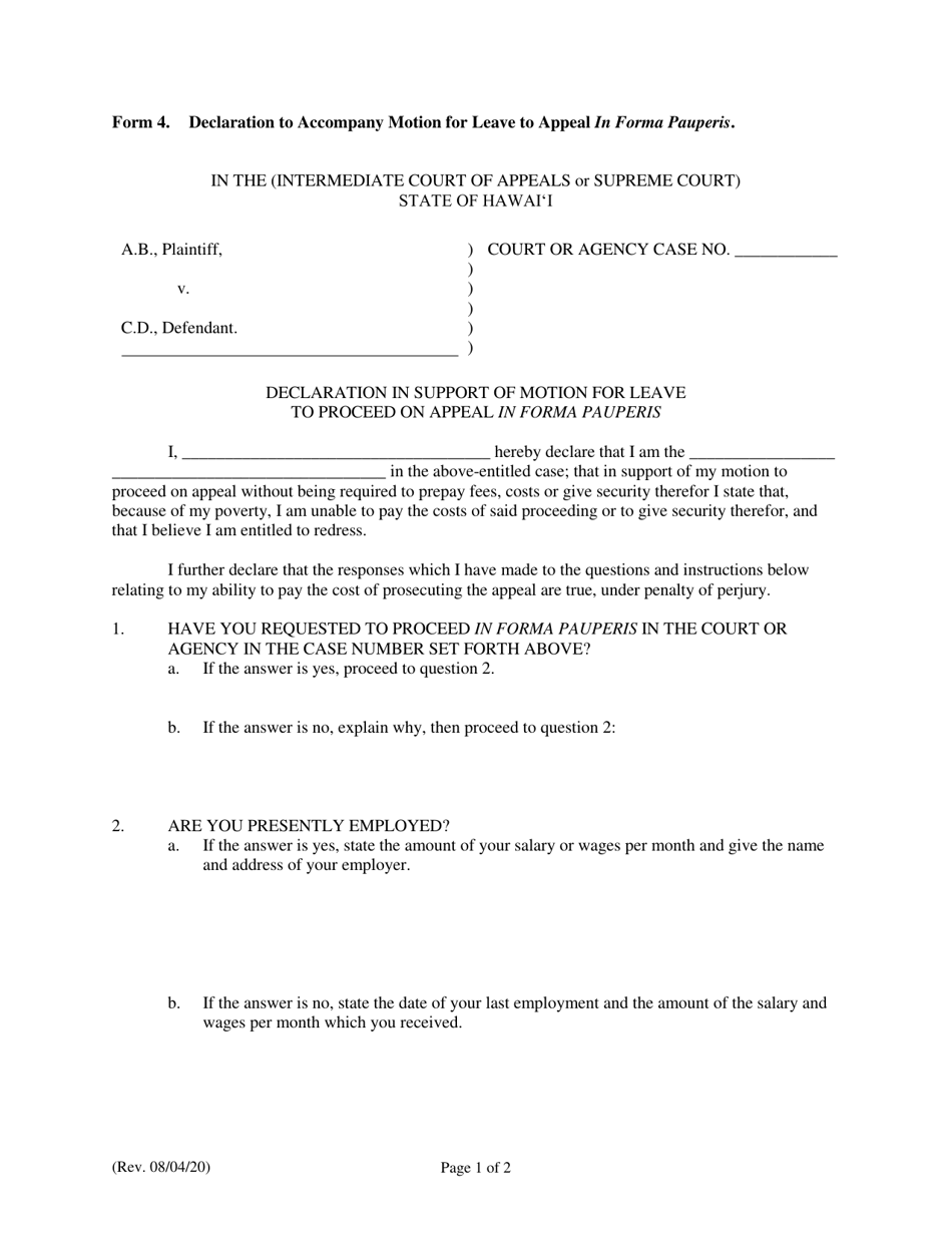Form 4 Declaration to Accompany Motion for Leave to Appeal in Forma Pauperis - Hawaii, Page 4