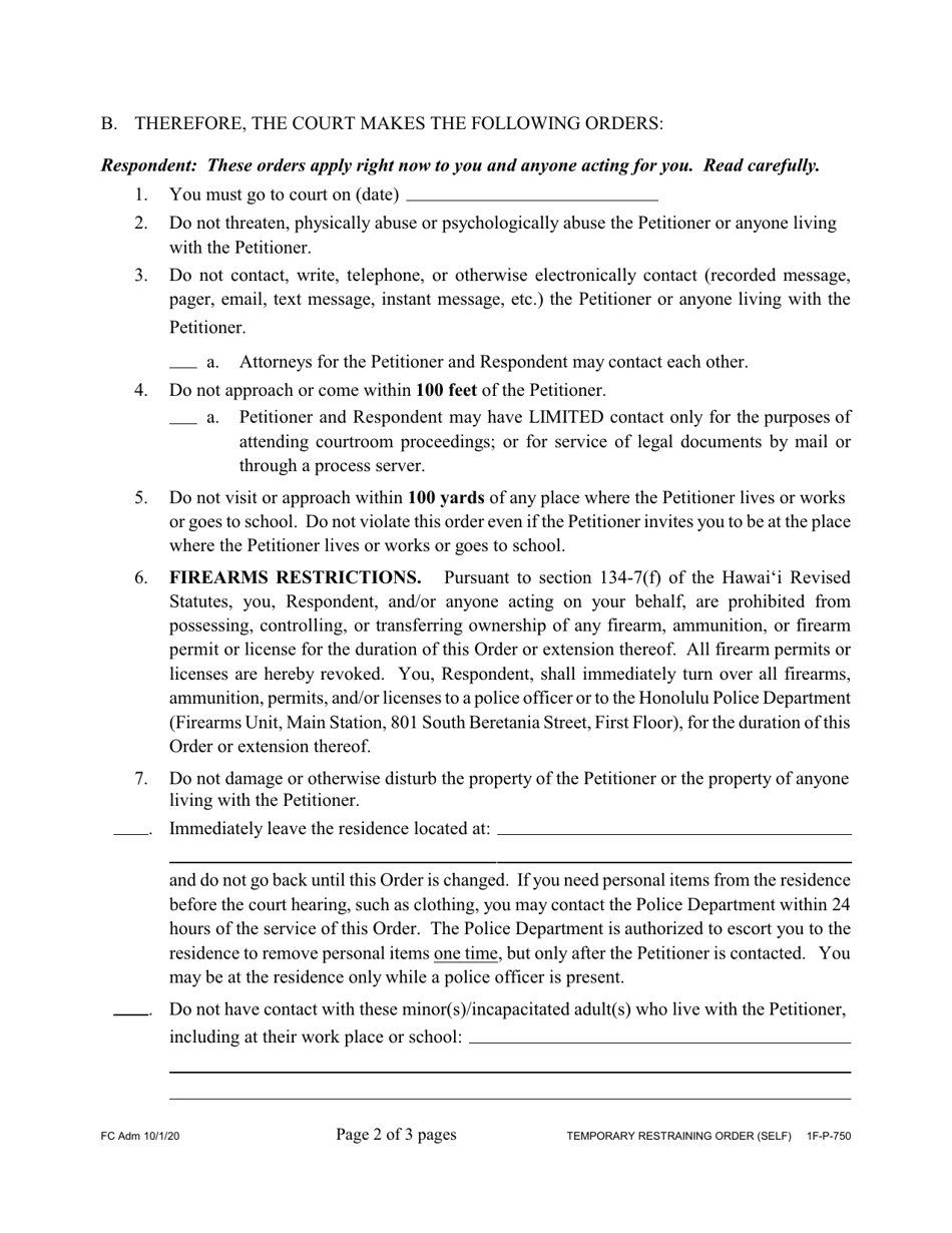 Form 1F-P-750 Temporary Restraining Order - Hawaii, Page 2