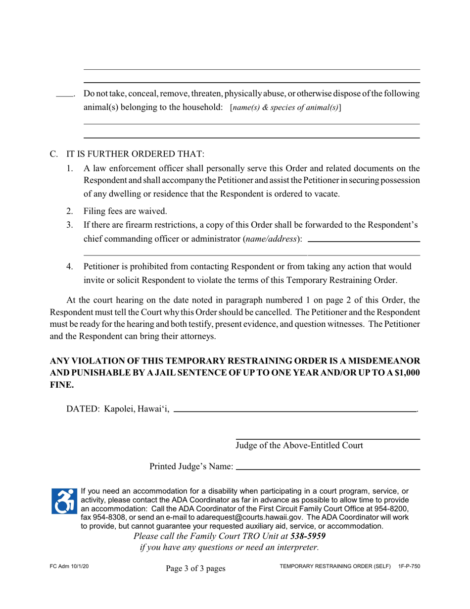 Form 1F-P-750 Temporary Restraining Order - Hawaii, Page 3