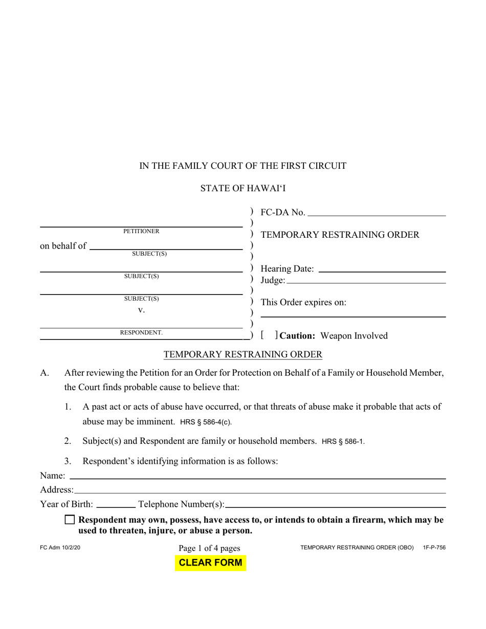 Form 1F-P-756 Temporary Restraining Order - Hawaii, Page 1