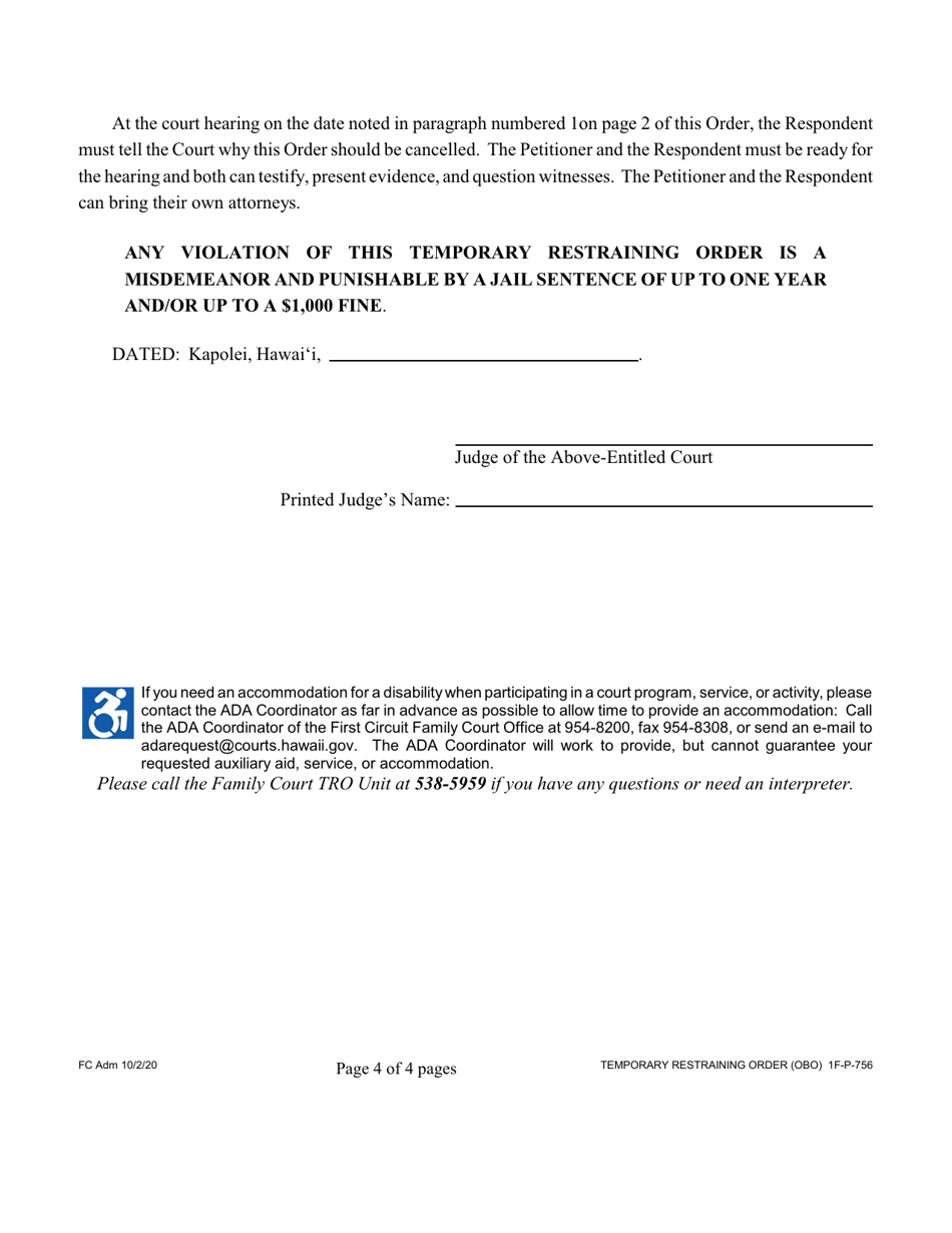 Form 1F-P-756 Temporary Restraining Order - Hawaii, Page 4