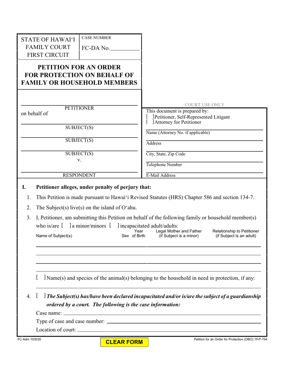 Form 1F-P-754 Petition for an Order for Protection on Behalf of Family or Household Members - Hawaii, Page 1