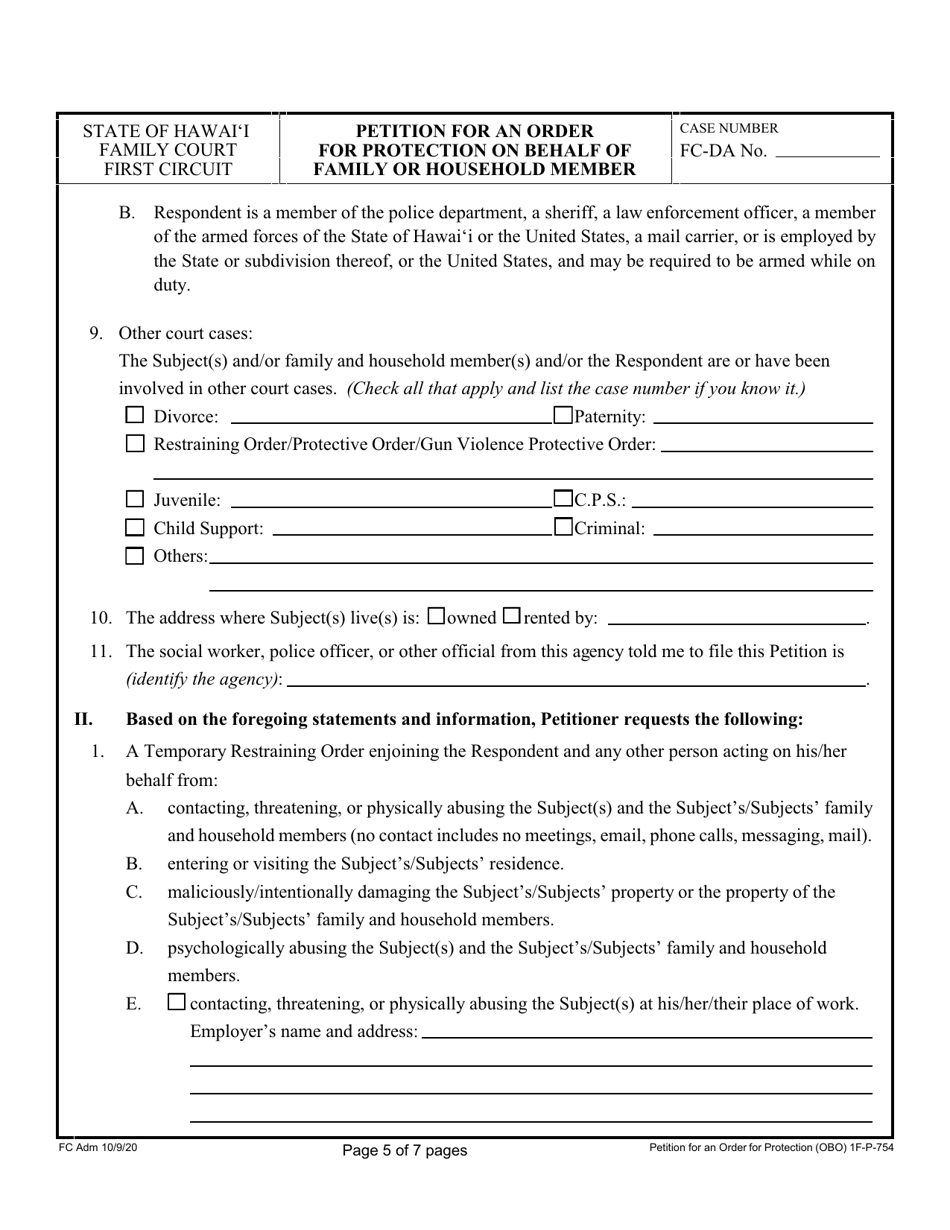 Form 1F-P-754 Petition for an Order for Protection on Behalf of Family or Household Members - Hawaii, Page 5
