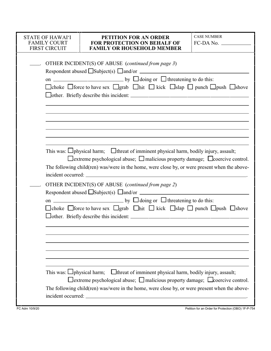 Form 1F-P-754 Petition for an Order for Protection on Behalf of Family or Household Members - Hawaii, Page 8