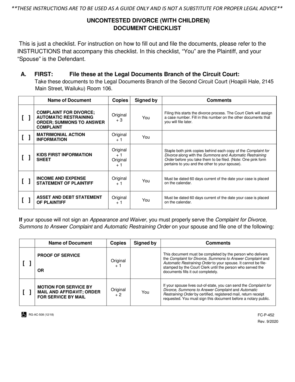 Form FC-P-452 Uncontested Divorce (With Children) Document Checklist - Hawaii, Page 1