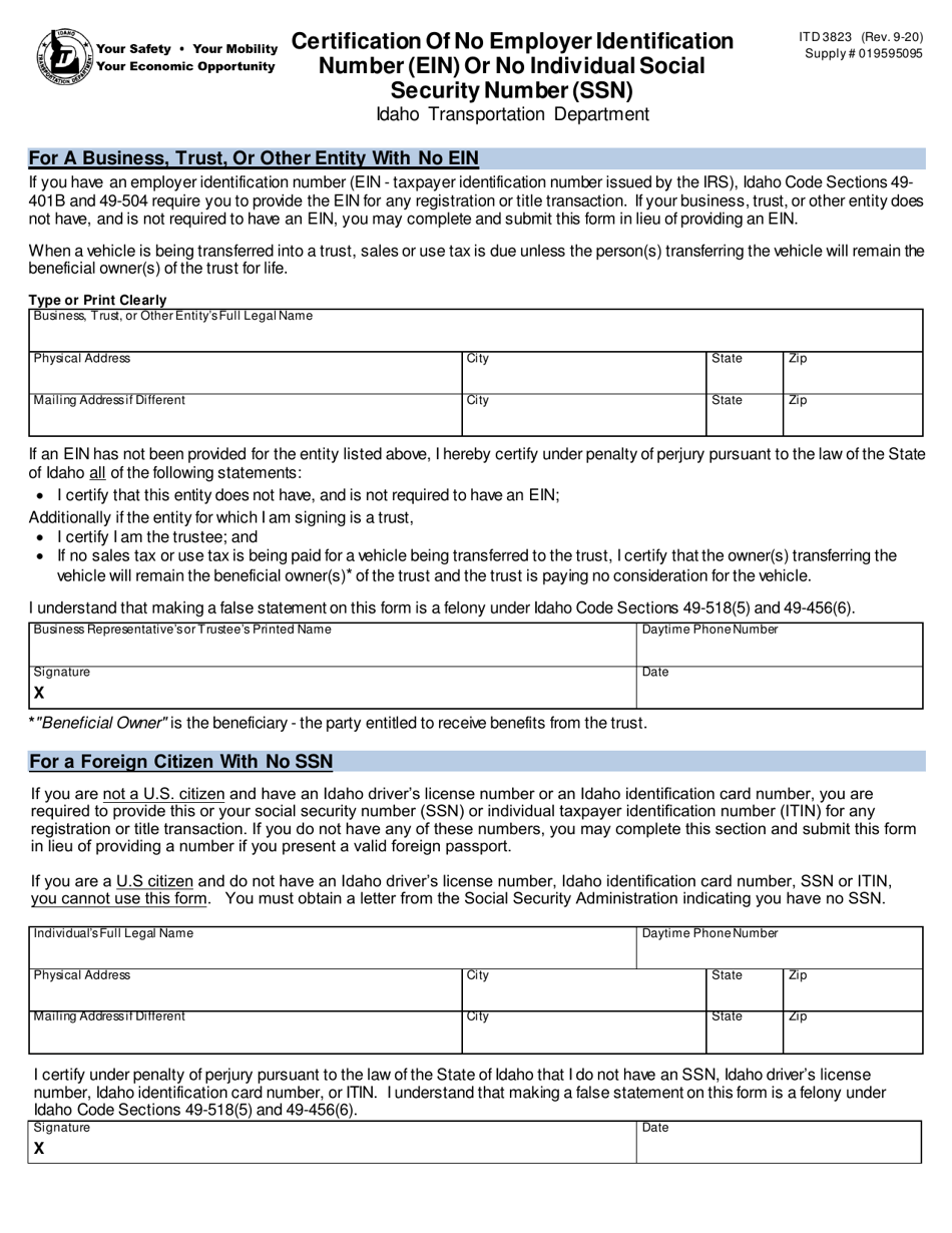 Form ITD3823 Certification of No Employer Identification Number (Ein) or No Individual Social Security Number (Ssn) - Idaho, Page 1