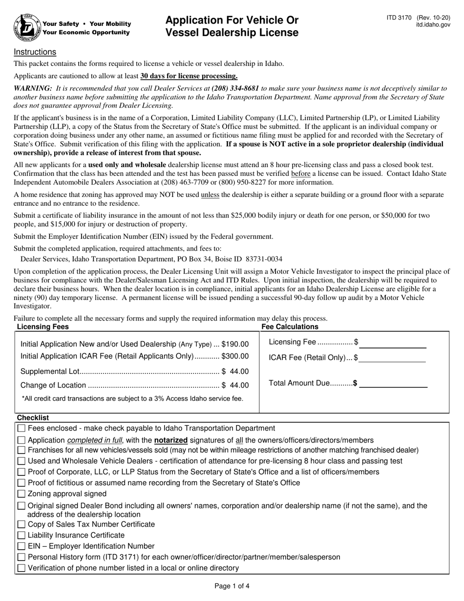 Form ITD3170 Application for Vehicle or Vessel Dealership License - Idaho, Page 1