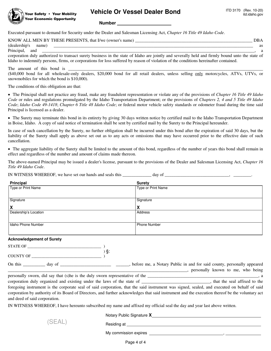 Form ITD3170 Application for Vehicle or Vessel Dealership License - Idaho, Page 4