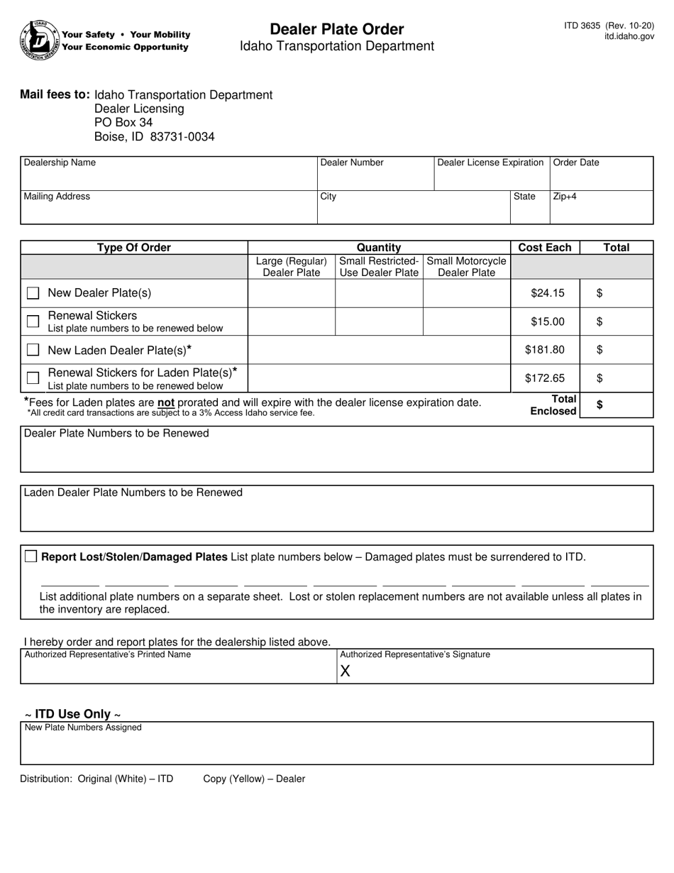 Form ITD3635 Download Fillable PDF or Fill Online Dealer Plate Order Idaho Templateroller