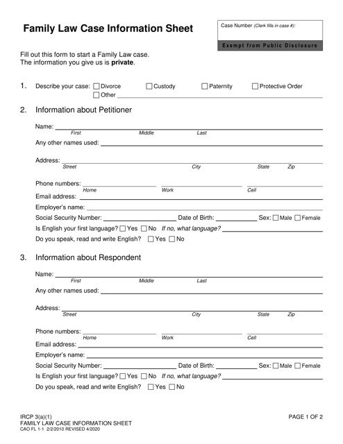 Form CAO FL1-1 Family Law Case Information Sheet - Idaho